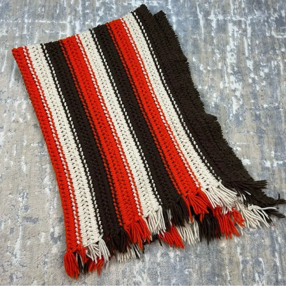 Vintage 70’s Orange Cream Brown Crotchet Fringe Afghan Throw 41”x54”
